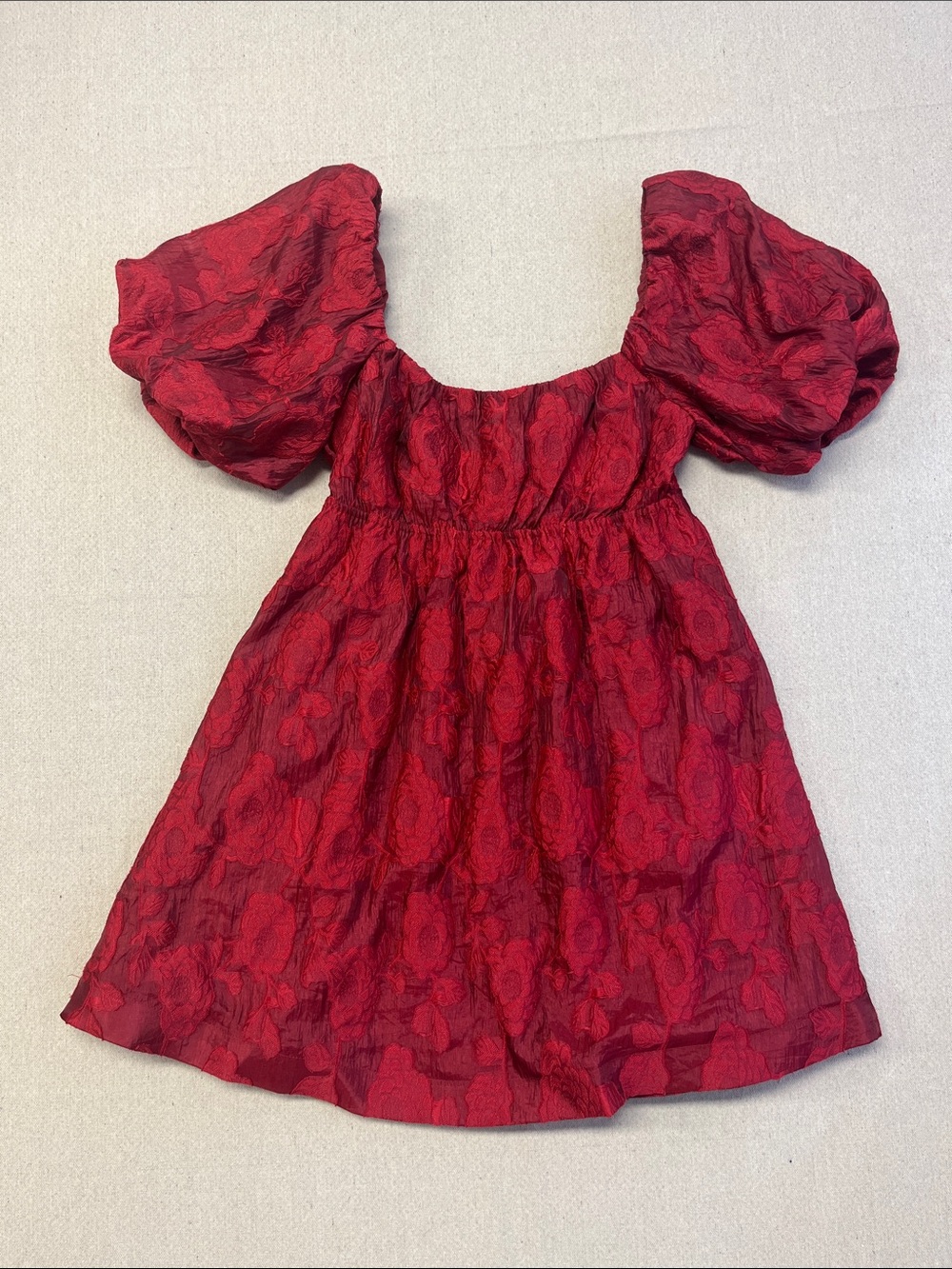 VICI Red Floral Jacquard Puff Sleeve Mini Dress Cutout Tie Back Medium